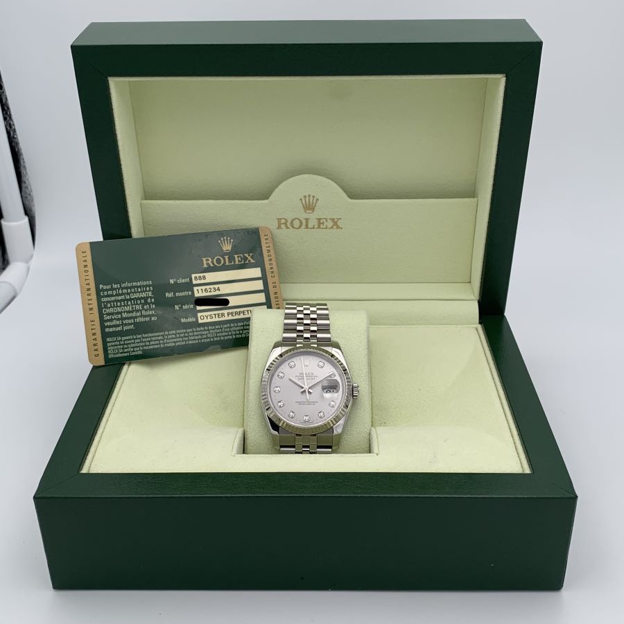 Rolex Datejust 36mm Referenza 116234 in Acciaio e Oro Bianco con Quadrante Argento Diamantato, Anno 2010