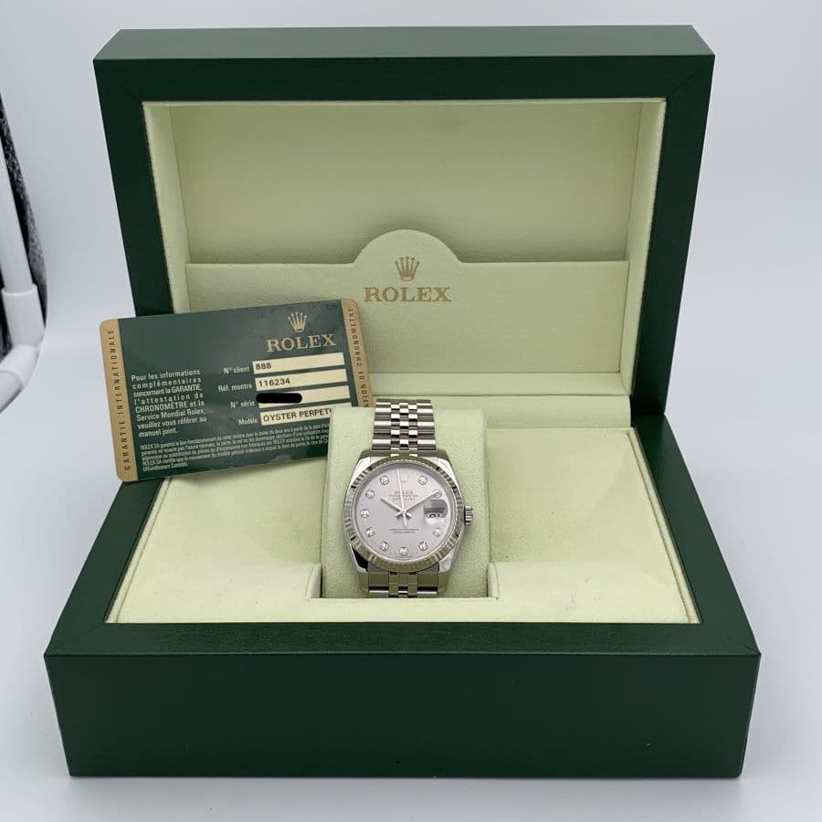 Rolex Datejust 36mm Referenza 116234 in Acciaio e Oro Bianco con Quadrante Argento Diamantato, Anno 2010