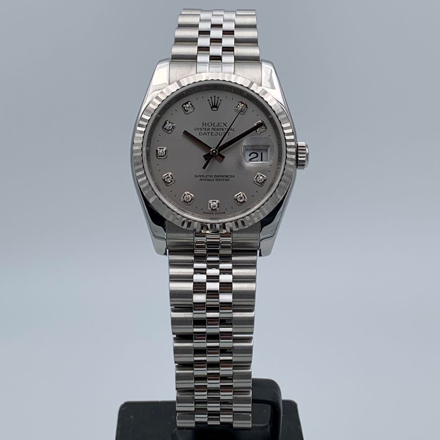 Rolex Datejust 36mm Referenza 116234 in Acciaio e Oro Bianco con Quadrante Argento Diamantato, Anno 2010