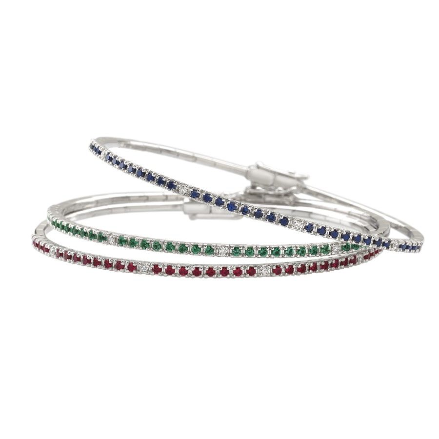Bracciale Rigido 'Spring' in Oro Bianco 18k con Diamanti, Zaffiri, Smeraldi e Rubini