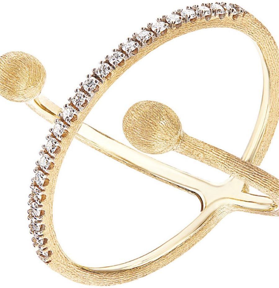Anello "Dancing Élite" Ad Incrocio Con Boules Incise A Mano In Oro Giallo 18kt E Diamanti (Piccolo)