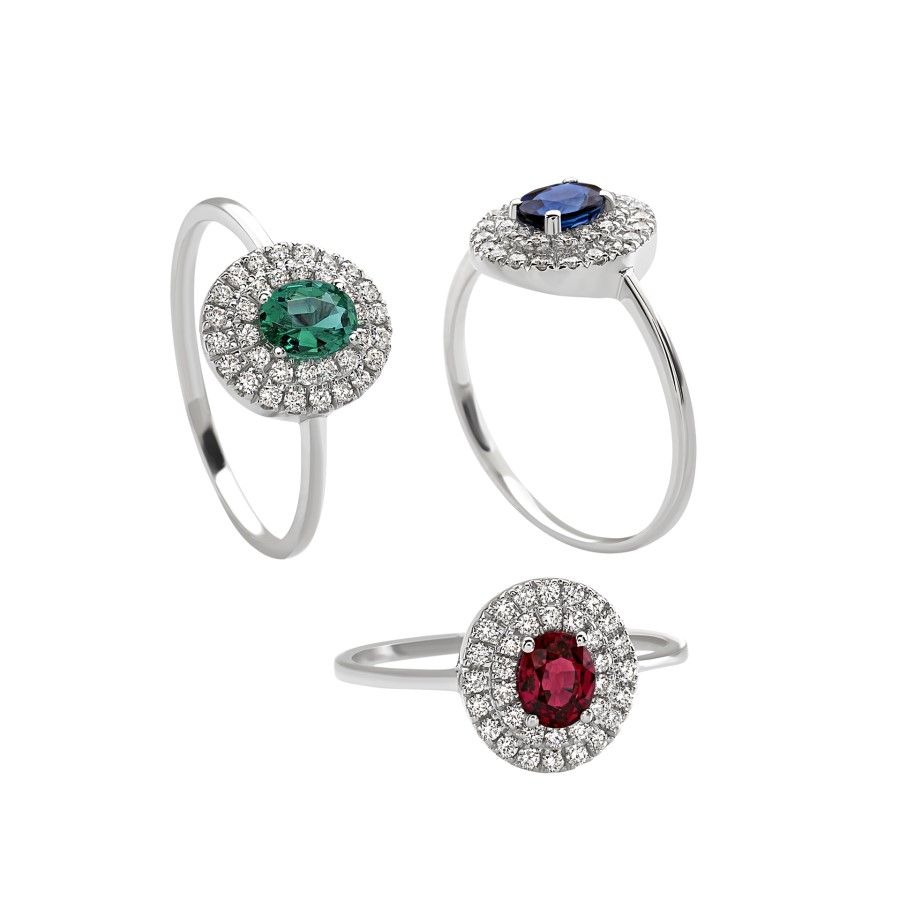 Anello in Oro Bianco 18k con Zaffiro Blu e Doppio Contorno di Diamanti
