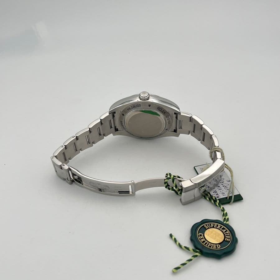 Rolex Oyster Perpetual Milgauss 116400GV Quadrante Z-Blue Vetro Verde