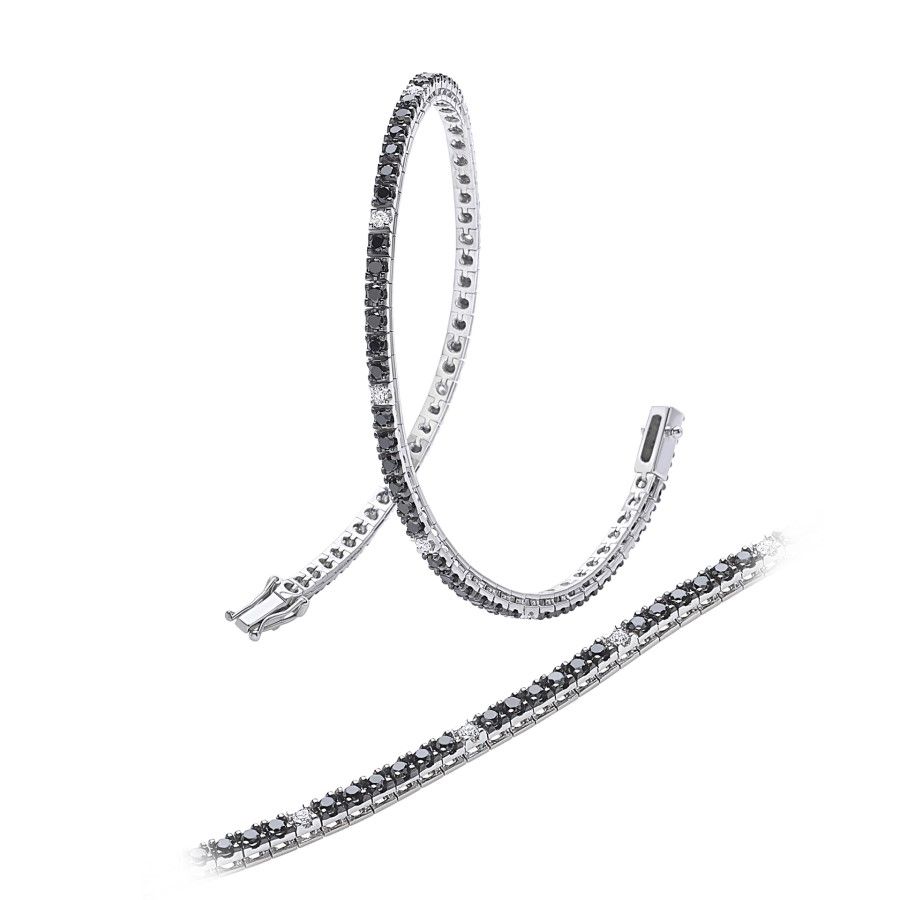 Bracciale Tennis in Oro Bianco con Diamanti Bianchi e Neri 1.50 Ct