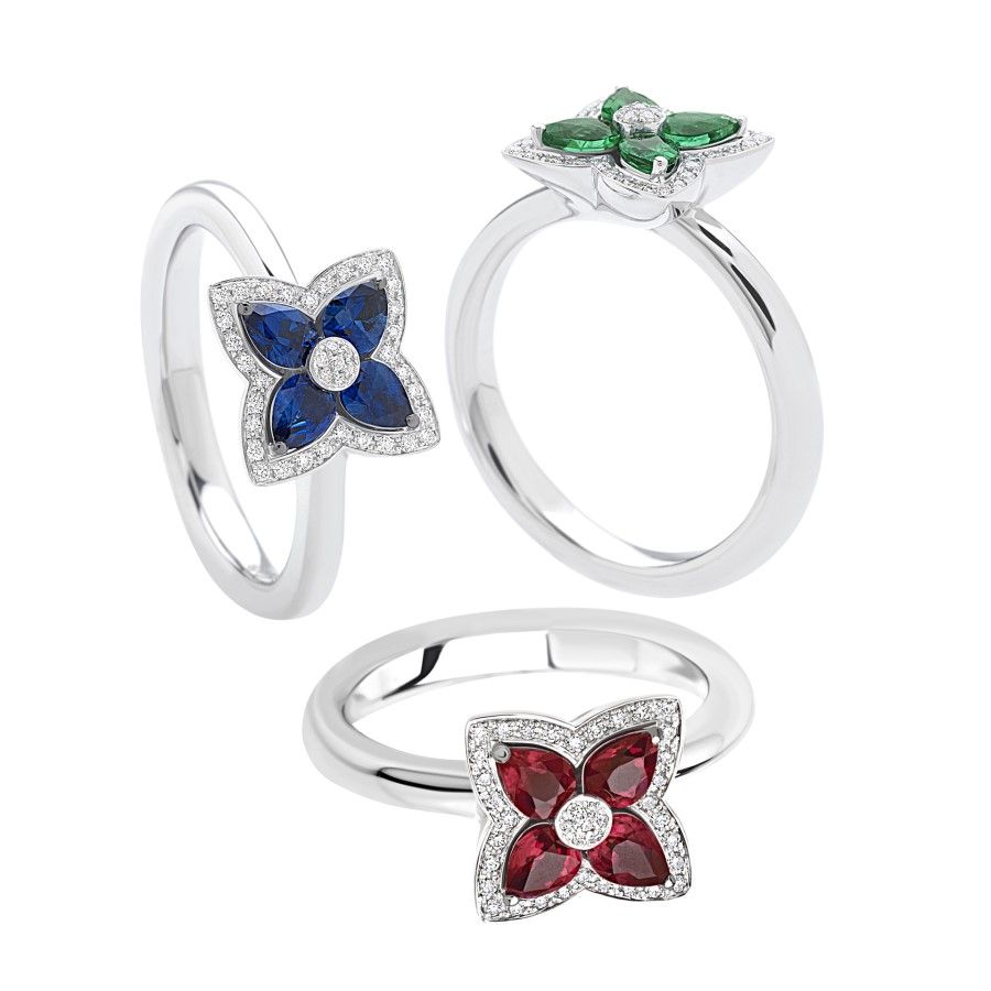 Anello a Fiore Giorgio Visconti in Oro Bianco con Diamanti, Rubini, Smeraldi e Zaffiri