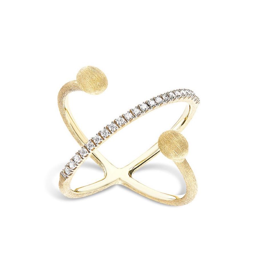 Anello "Dancing Élite" Ad Incrocio Con Boules Incise A Mano In Oro Giallo 18kt E Diamanti (Piccolo)