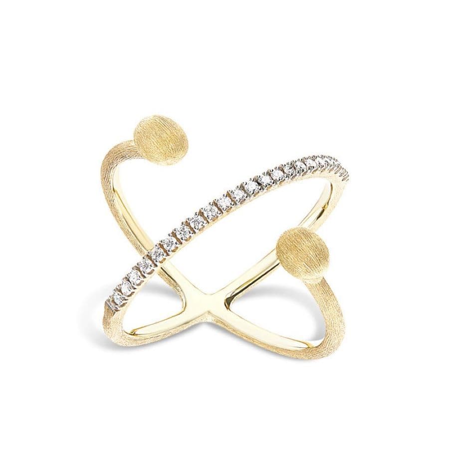 Anello "Dancing Élite" Ad Incrocio Con Boules Incise A Mano In Oro Giallo 18kt E Diamanti (Piccolo)