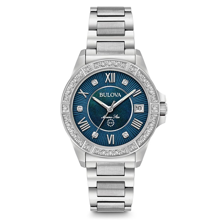 Bulova Marine Star Quadrante Blu Diamanti Acciaio Inossidabile Orologio Donna 96R215
