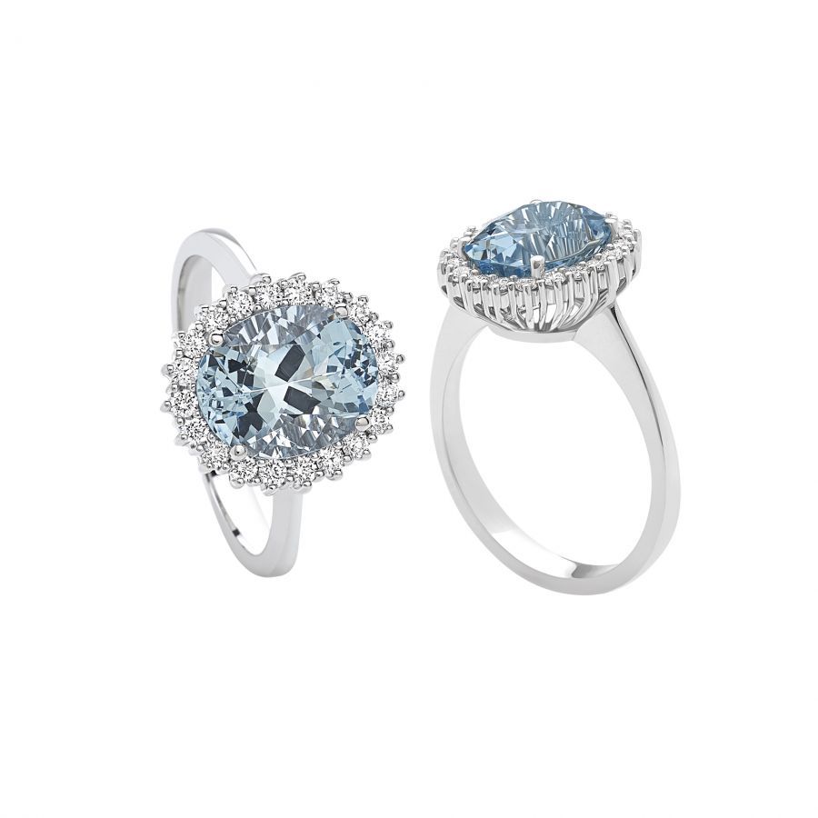 Anello Contorno Giorgio Visconti in Oro Bianco 18k con Acquamarina Ovale e Diamanti