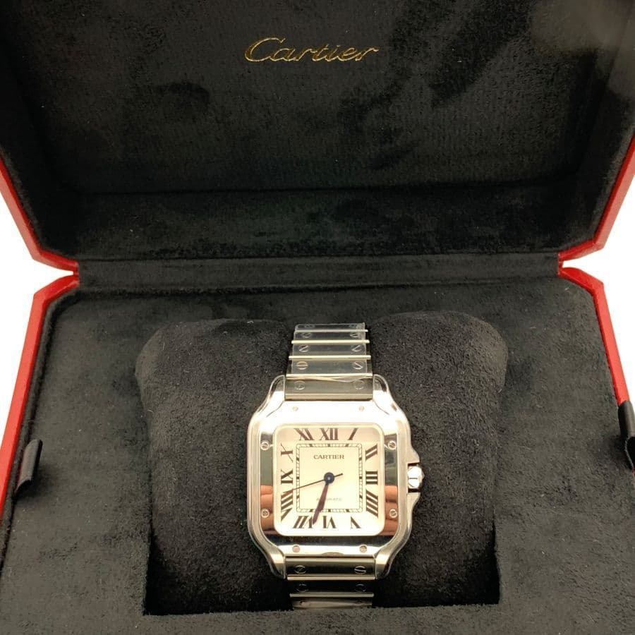 Cartier Santos Modello Medio Quadrante Opalino Argentato Orologio da Uomo WSSA0029