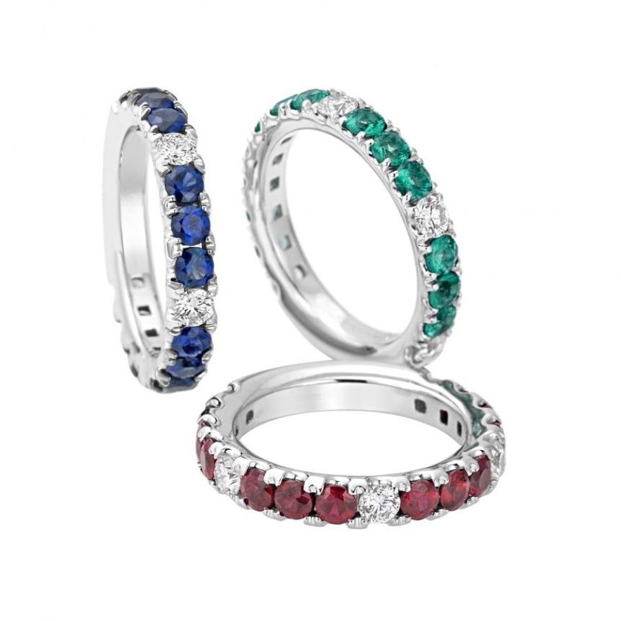 Anello Fede Eternity in Oro Bianco 18k con Diamanti, Zaffiri, Rubini e Smeraldi